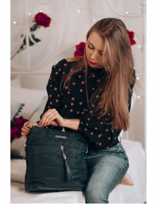 Czarna Damska Torebka pikowana solidna oryginalna frędzel W91 - zdjęcie 7