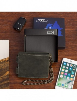 Męski portfel skórzany czarny nubuk skóra z łańcuchem poziomy Beltimore R80 - zdjęcie 3