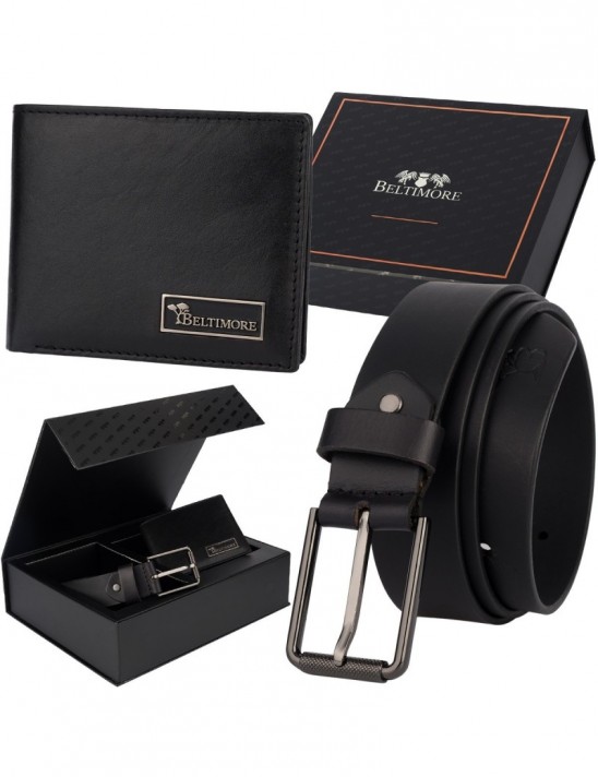 Zestaw prezentowy męski skórzany pasek portfel pudełko premium czarny Beltimore Z22