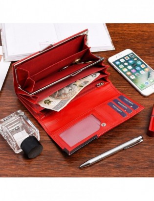 Damski skórzany portfel duży poziomy retro RFiD czerwony BELTIMORE 040 - zdjęcie 5