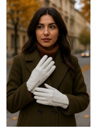 Rękawiczki skórzane damskie polar na dotyk TOUCH FINGER białe BELTIMORE K27 - zdjęcie 2