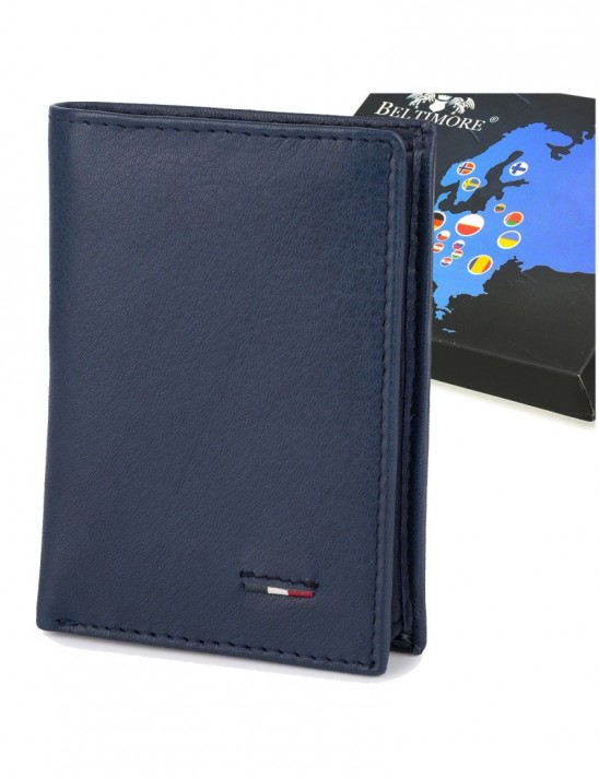 Portfel skórzany męski mały pionowy z flagą granatowy RFiD Beltimore D48