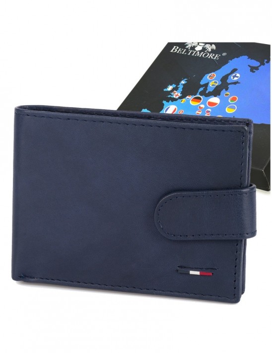 Portfel skórzany męski mały poziomy z flagą granatowy RFiD Beltimore D58