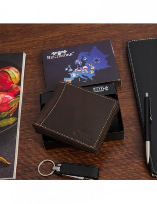 Portfel skórzany duży poziomy RFiD nubuk brązowy zasuwany skóra Beltimore H01 - zdjęcie 3