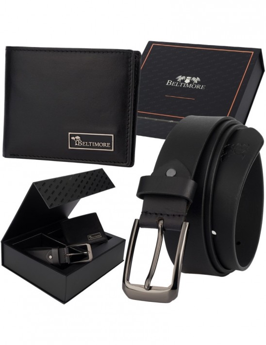 Zestaw prezentowy męski skórzany pasek portfel pudełko premium czarny Beltimore Z21