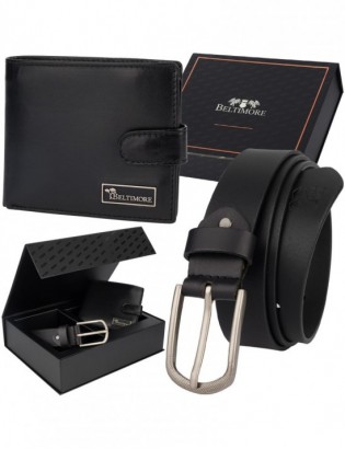Zestaw prezentowy męski skórzany pasek portfel pudełko premium czarny Beltimore Z27 - zdjęcie 1