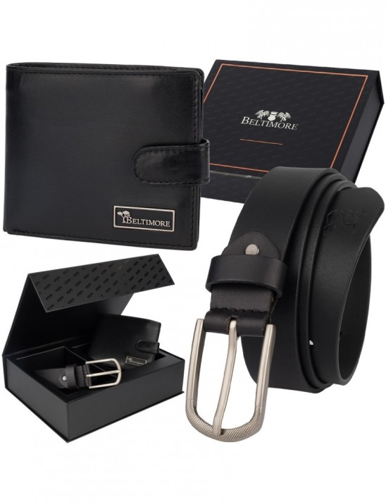 Zestaw prezentowy męski skórzany pasek portfel pudełko premium czarny Beltimore Z27