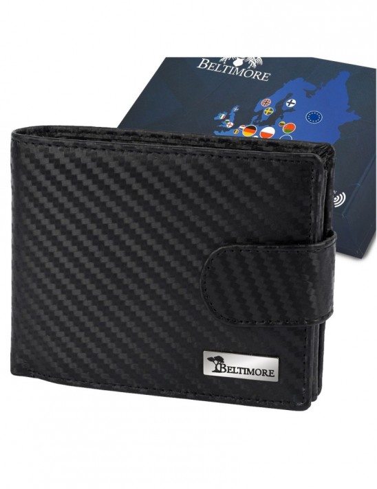 Męski portfel skórzany klasyczny RFiD duży czarny carbon premium Beltimore P02