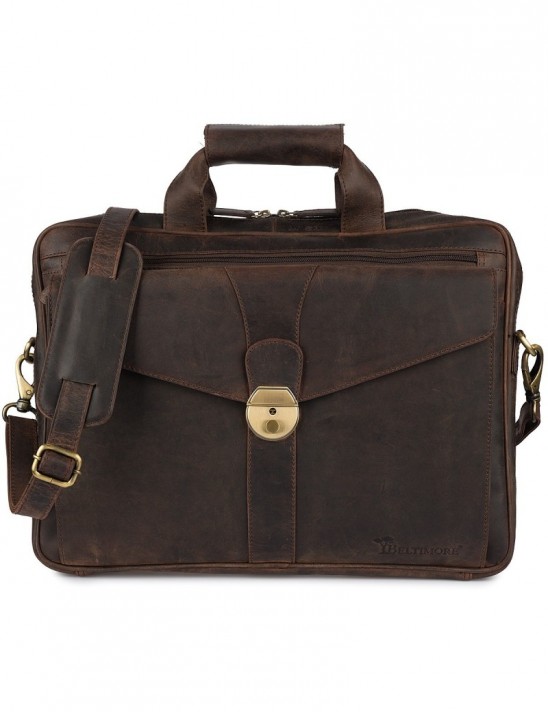 Skórzana aktówka męska elegancka teczka na dokumenty brązowa skóra nubuk Beltimore J23