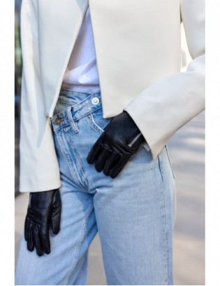 Rękawiczki skórzane damskie polar na dotyk TOUCH FINGER czarne BELTIMORE  K27 - zdjęcie 4