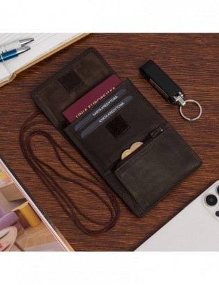 ETUI saszetka PASZPORTÓWKA na szyję dokumenty skórzana podróżna ciemny brąz Beltimore D78 - zdjęcie 2