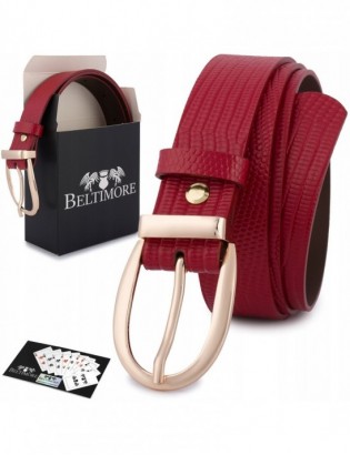 Skórzany pasek damski do spodni sukienki czerwony skóra nat 3 cm Beltimore D93 - zdjęcie 1