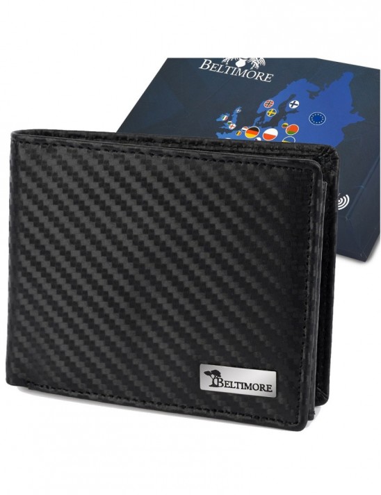 Męski portfel skórzany klasyczny RFiD duży czarny carbon premium Beltimore P01