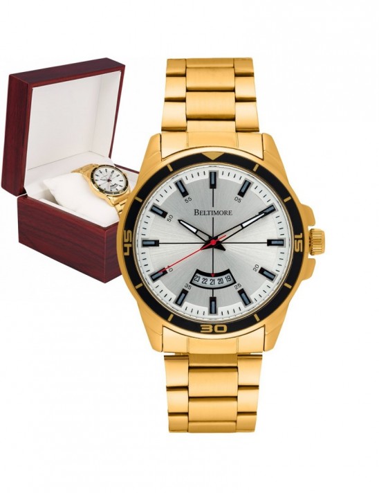 Zegarek męski bransoleta duży solidny z datownikiem złoty premium Beltimore BT03