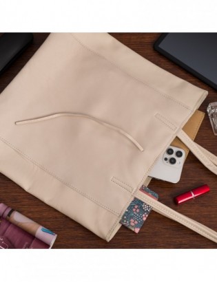 Torebka damska worek skórzana shopperka pojemna A4 skóra naturalna włoska Beltimore beżowa W16 - zdjęcie 2