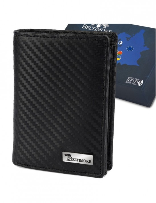 Męski portfel skórzany pionowy klasyczny RFiD duży czarny carbon premium Beltimore P03
