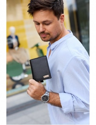 Męski portfel skórzany pionowy klasyczny RFiD duży czarny carbon premium Beltimore P03 - zdjęcie 3