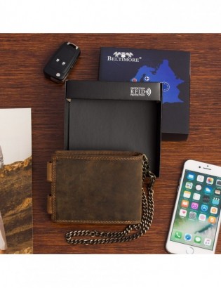 Męski portfel skórzany brązowy nubuk skóra z łańcuchem poziomy Beltimore R80 - zdjęcie 3