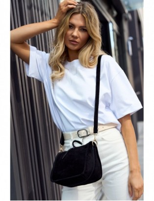 Czarna skórzana listonoszka damska włoska zamszowa kuferek Beltimore B64 - zdjęcie 2