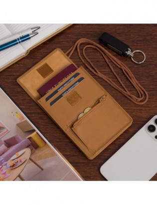 ETUI saszetka PASZPORTÓWKA na szyję dokumenty skórzana podróżna jasny brąz Beltimore D78 - zdjęcie 2