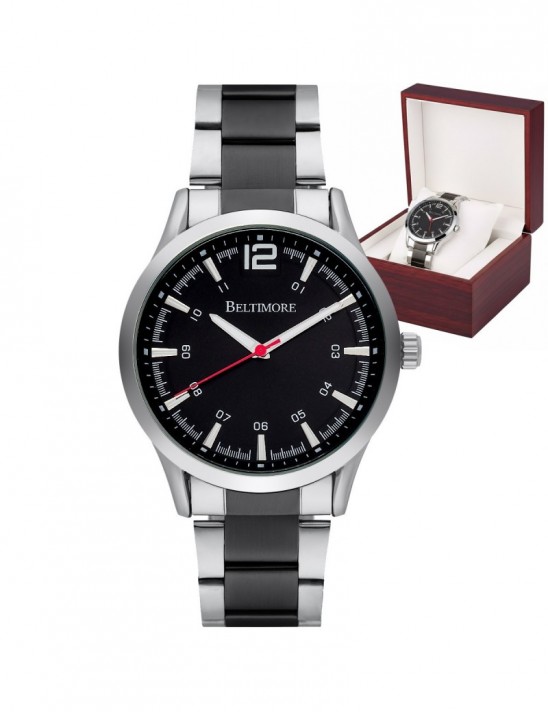 Zegarek męski bransoleta duży solidny czarno-srebrny klasyczny premium Beltimore BT02