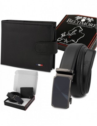 Zestaw męski skórzany czarny elegancki Beltimore portfel pasek Z56 - zdjęcie 1