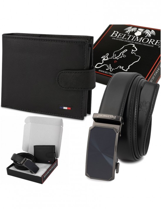 Zestaw męski skórzany czarny elegancki Beltimore portfel pasek Z56
