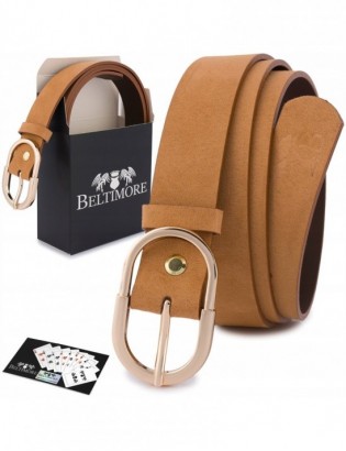 Skórzany pasek damski do spodni sukienki camelowy skóra nat. zamszowa 3 cm Beltimore E52 - zdjęcie 1