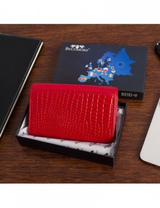 Portfel skórzany damski poziomy RFiD skóra na karty klasyk Beltimore croco czerwony A03 - zdjęcie 4