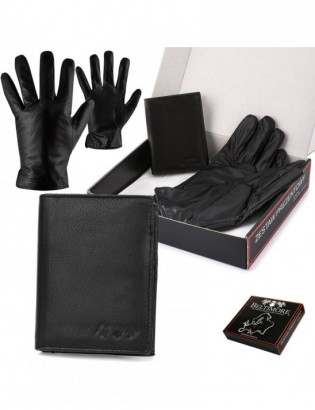 Zestaw męski skórzany portfel poziomy rękawiczki czarne Beltimore T90 - zdjęcie 1