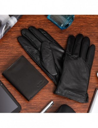 Zestaw męski skórzany portfel poziomy rękawiczki czarne Beltimore T90 - zdjęcie 2