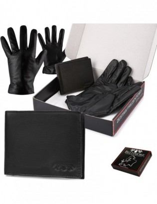 Zestaw męski skórzany portfel poziomy rękawiczki czarne Beltimore T87 - zdjęcie 1