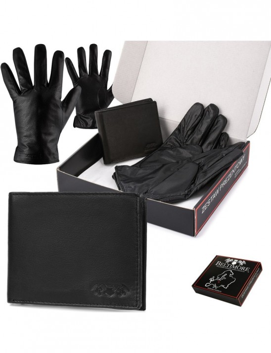 Zestaw męski skórzany portfel poziomy rękawiczki czarne Beltimore T87