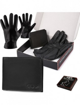 Zestaw męski skórzany portfel poziomy rękawiczki czarne Beltimore T86 - zdjęcie 1