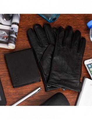 Zestaw męski skórzany portfel poziomy rękawiczki czarne Beltimore T86 - zdjęcie 2