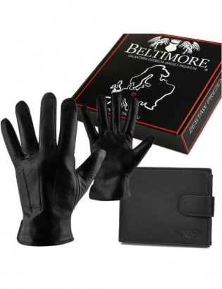 Zestaw męski skórzany portfel poziomy rękawiczki czarne Beltimore T84