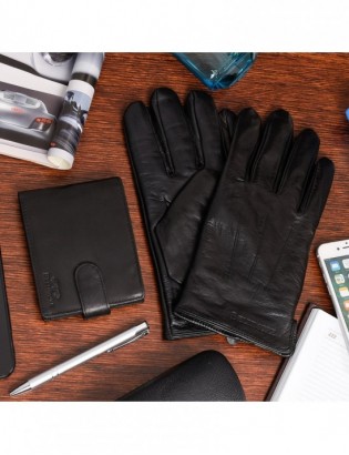 Zestaw męski skórzany portfel poziomy rękawiczki czarne Beltimore T84 - zdjęcie 2