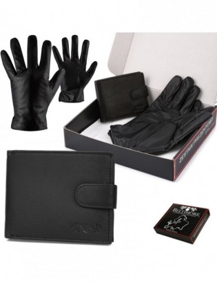 Zestaw męski skórzany portfel poziomy rękawiczki czarne Beltimore T89 - zdjęcie 1