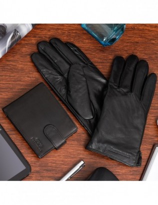Zestaw męski skórzany portfel poziomy rękawiczki czarne Beltimore T89 - zdjęcie 2
