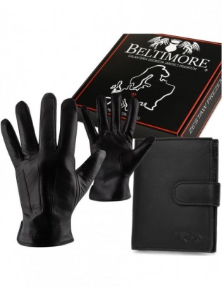 Zestaw męski skórzany portfel pionowy rękawiczki czarne Beltimore T82 - zdjęcie 1