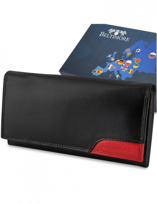 Damski skórzany portfel duży poziomy retro RFiD czarny BELTIMORE 040