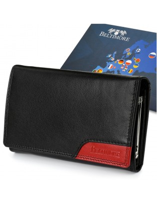 Damski skórzany portfel duży poziomy z biglem RFiD czarny BELTIMORE 038 - zdjęcie 1