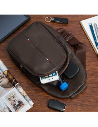 Saszetka nerka przez ramię crossbody męska modna torba dwukomorowa skóra naturalna brązowa F01 - zdjęcie 2