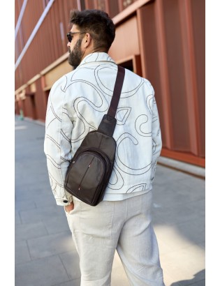 Saszetka nerka przez ramię crossbody męska modna torba dwukomorowa skóra naturalna brązowa F01 - zdjęcie 3