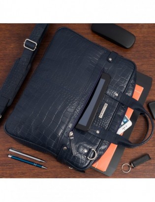 Torba skórzana elegancka croco laptop 15"6 aktówka granatowa A4 S17 - zdjęcie 12