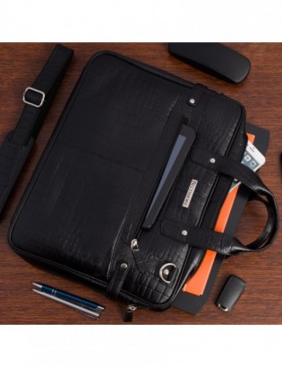 Torba skórzana elegancka croco laptop 15"6 aktówka czarna A4 S17 - zdjęcie 5