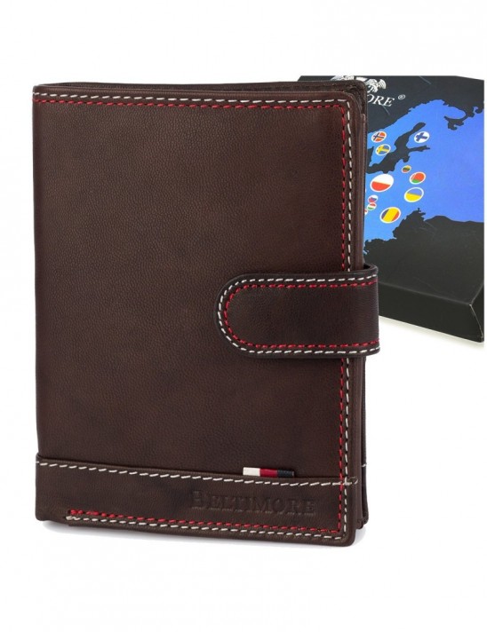 Portfel skórzany męski klasyczny pionowy z flagą brązowy RFiD Beltimore D29