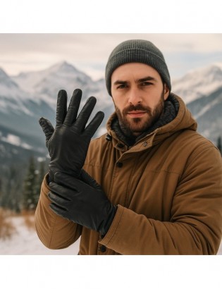 Rękawiczki skórzane męskie polar miś DOTYK touch finger czarne klasyczne BELTIMORE K33 - zdjęcie 4