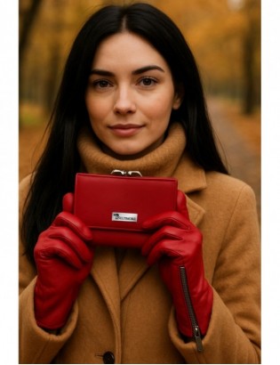 Rękawiczki skórzane damskie polar na dotyk TOUCH FINGER czerwone BELTIMORE  K27 - zdjęcie 2