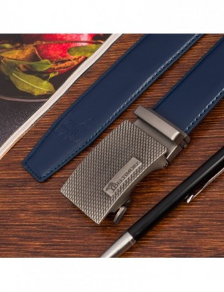 Pasek męski skórzany do spodni casual garnituru automat gładki granatowy Beltimore A52 - zdjęcie 4